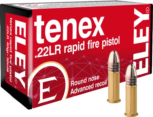 ELEY TENEX RAPID FIRE PISTOL - 22LR 40GR RN 50RD 100BX/CS 1 ELEY TENEX RAPID FIRE PISTOL - 22LR 40GR RN 50RD 100BX/CS