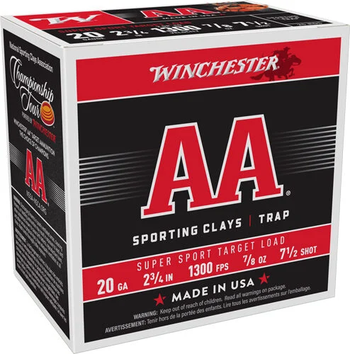 WINCHESTER AA 20GA 2.75" 7/8OZ - #7.5 1300FPS 250RD CASE LOT 1 WINCHESTER AA 20GA 2.75" 7/8OZ - #7.5 1300FPS 250RD CASE LOT