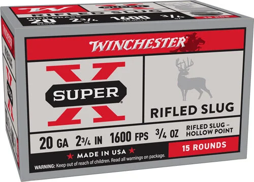 WINCHESTER SUPER-X 20GA 2.75" - 3/4OZ RIFLES SLUG 15RD 10BX/CS 1 WINCHESTER SUPER-X 20GA 2.75" - 3/4OZ RIFLES SLUG 15RD 10BX/CS