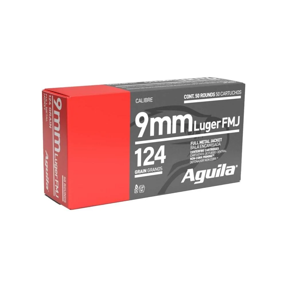 Aguila Handgun Ammunition 9mm Luger 124 gr FMJ 1115 fps 50/ct 1 Aguila Handgun Ammunition 9mm Luger 124 gr FMJ 1115 fps 50/ct
