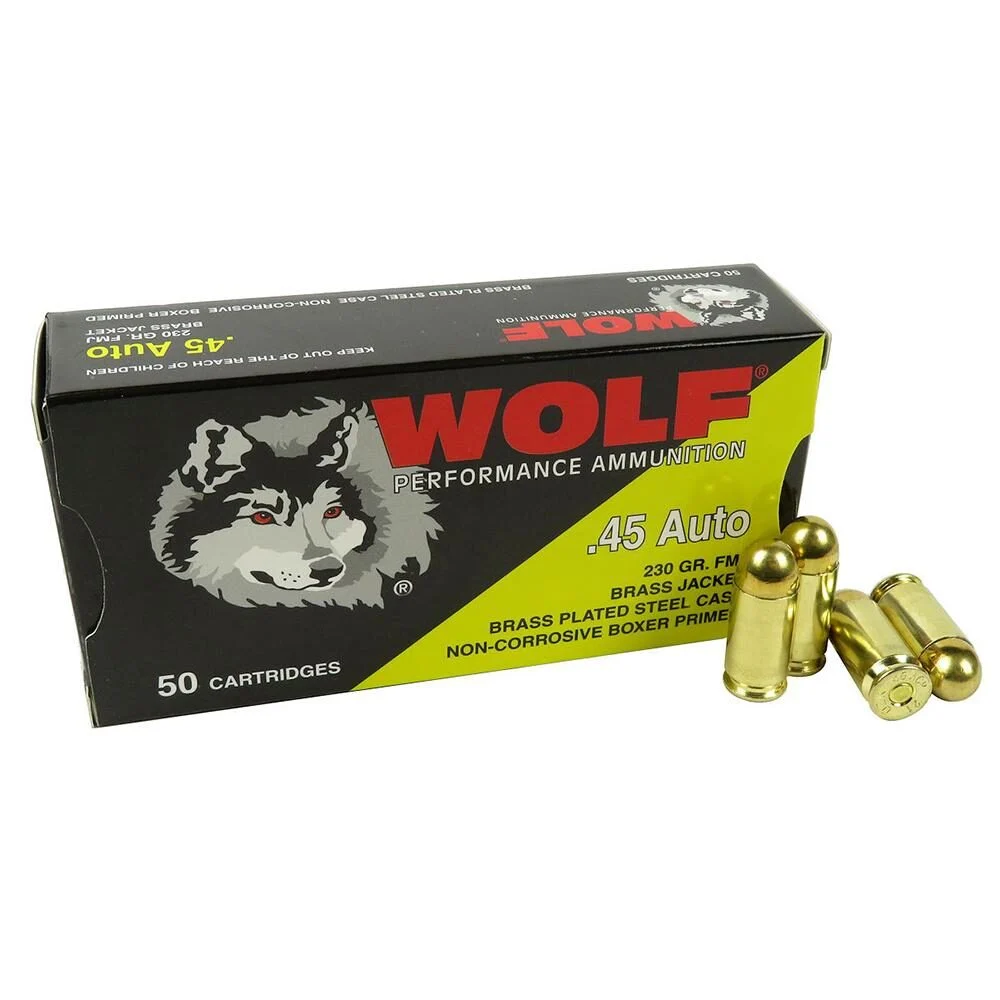 Wolf (Turkish) Performance Handgun Ammunition 45 ACP 230gr FMJ 850 fps 50/ct 1 Wolf (Turkish) Performance Handgun Ammunition 45 ACP 230gr FMJ 850 fps 50/ct