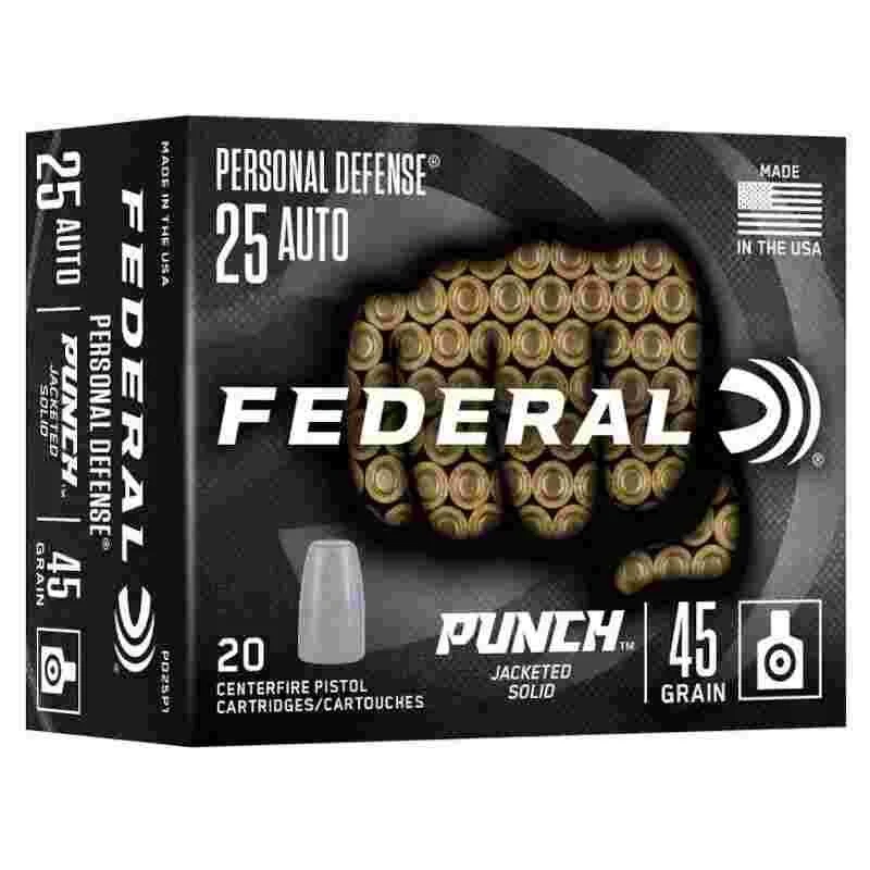 Federal Personal Defense Punch Handgun Ammunition .25 Auto 45gr Solid 825 fps 20/ct 1 Federal Personal Defense Punch Handgun Ammunition .25 Auto 45gr Solid 825 fps 20/ct
