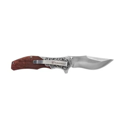 Smith & Wesson Unwavered Folding Knife 3-1/4" Clip Point Blade Engraved Wood Blister 1 Smith & Wesson Unwavered Folding Knife 3-1/4" Clip Point Blade Engraved Wood Blister