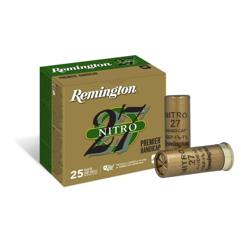 REMINGTON PREMIER NITRO 27 TARGET 12 ga 2 3/4" HDCP 1 oz #7.5 1290 fps 25/ct 1 REMINGTON PREMIER NITRO 27 TARGET 12 ga 2 3/4" HDCP 1 oz #7.5 1290 fps 25/ct