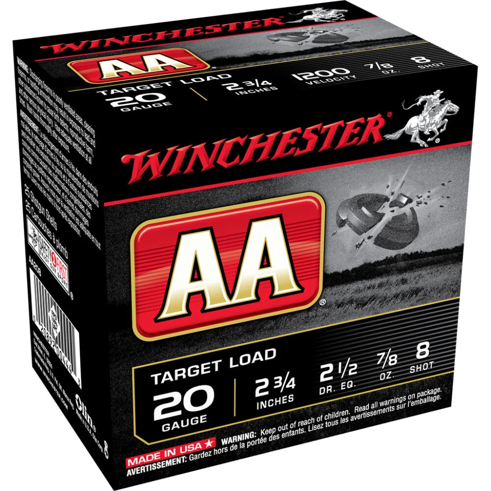 Winchester AA Target 20 ga 2-3/4" 2-1/2 dr 7/8 oz #8 - 25/ct 1 Winchester AA Target 20 ga 2-3/4" 2-1/2 dr 7/8 oz #8 - 25/ct