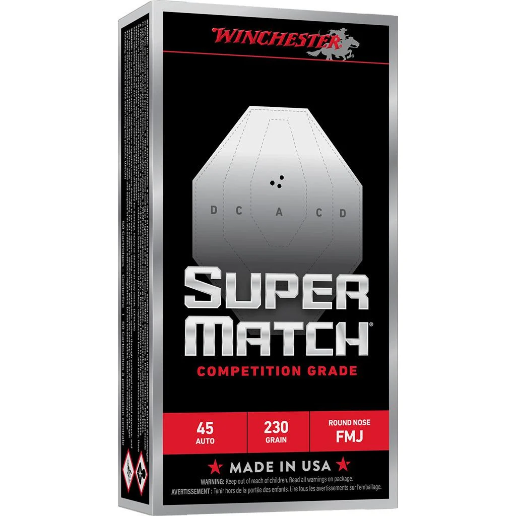 Winchester Super Match Handgun Ammunition 45 Auto 230gr FMJ 805 fps 50/ct 1 Winchester Super Match Handgun Ammunition 45 Auto 230gr FMJ 805 fps 50/ct
