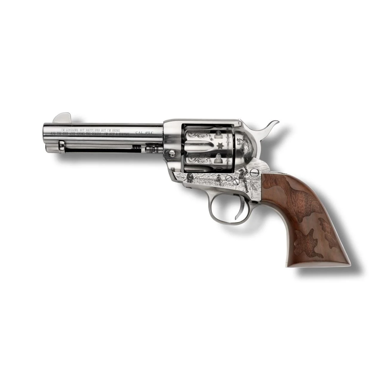 EMF Cowpoke Revolver .45 Colt 6rd Capacity 4.75″ Barrel Nickel Finish Engraved Cowhide Walnut Grip