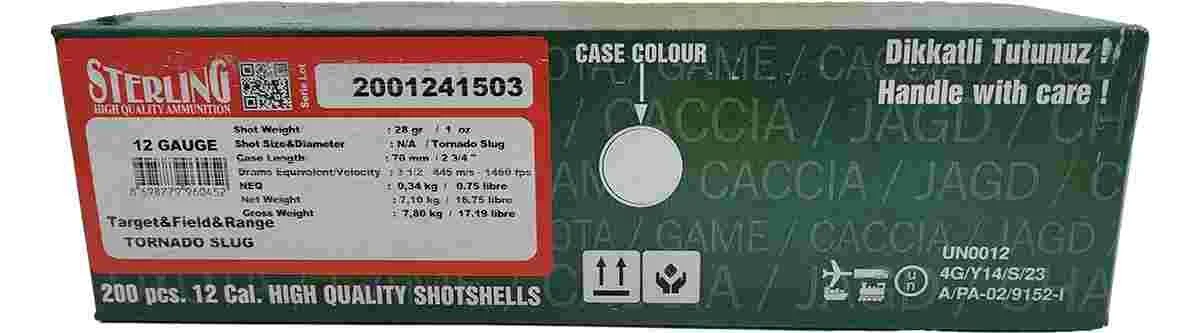 Sterling 12 Gauge Shotgun Ammo - Tornado Slug | 1,470 fps | 2.75 inch | 200rd Case 1 Sterling 12 Gauge Shotgun Ammo - Tornado Slug | 1,470 fps | 2.75 inch | 200rd Case